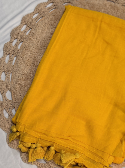 Mustard Yellow Mul Cotton Saree with Tassel Pallu