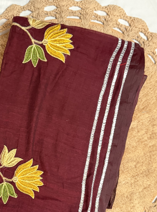 Wine Maroon Mul Cotton Saree with Floral Embroidery & Silver Border
