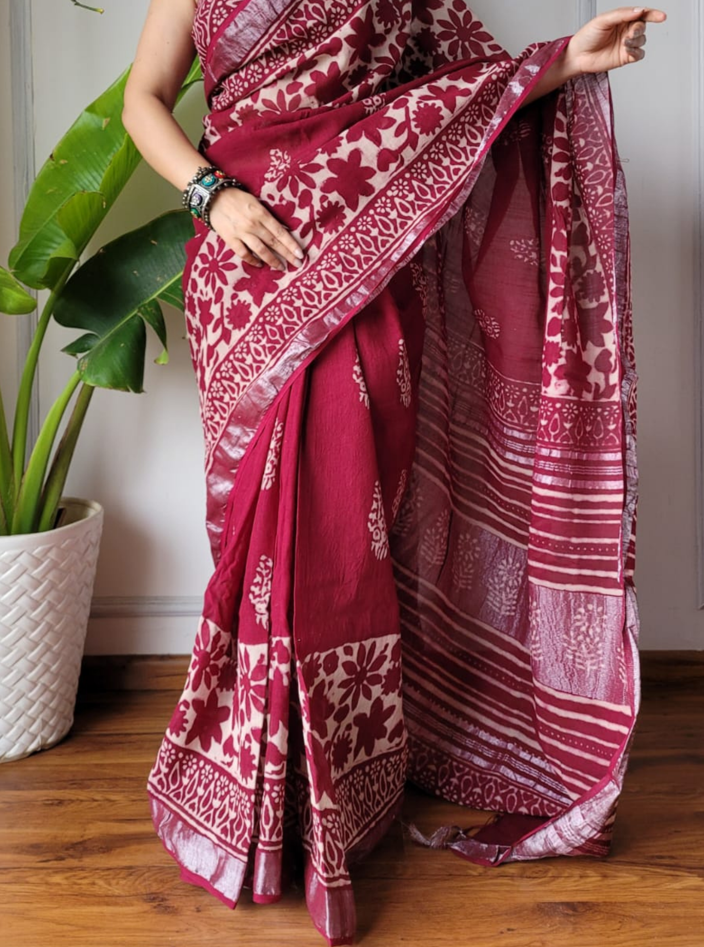 Maroon Cotton Linen Saree with Hand Block Inspired Prints & Statement Pallu