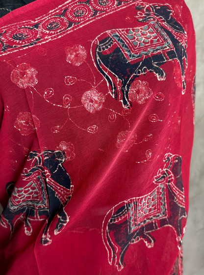 Rani Pink Chiffon Saree with Traditional Elephant Motifs