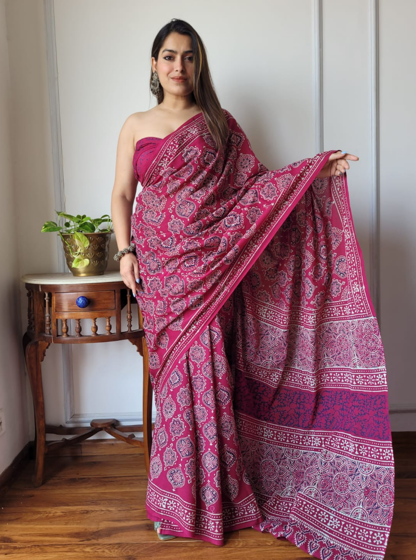 Elegant Pink Cotton Ajrakh Saree with Traditional Handblock Prints