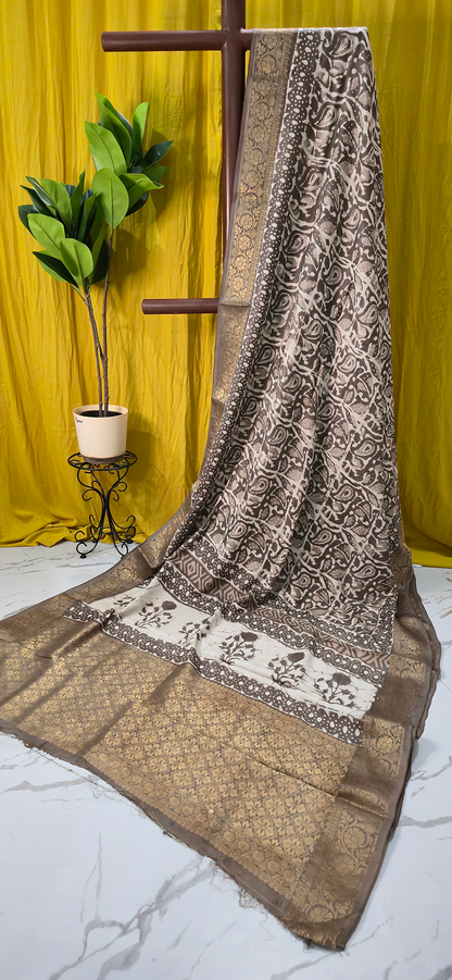 Stunning Yellow Dola Silk Saree with Ajrakh Hand Block Print for Festive Wear