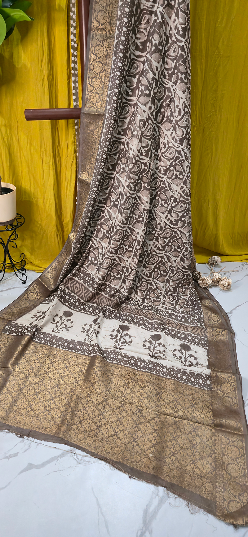 Stunning Yellow Dola Silk Saree with Ajrakh Hand Block Print for Festive Wear