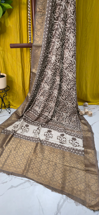 Stunning Yellow Dola Silk Saree with Ajrakh Hand Block Print for Festive Wear