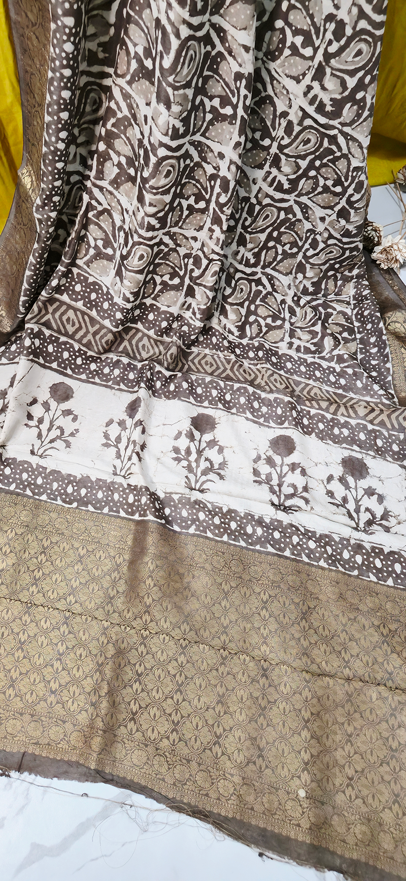 Stunning Yellow Dola Silk Saree with Ajrakh Hand Block Print for Festive Wear