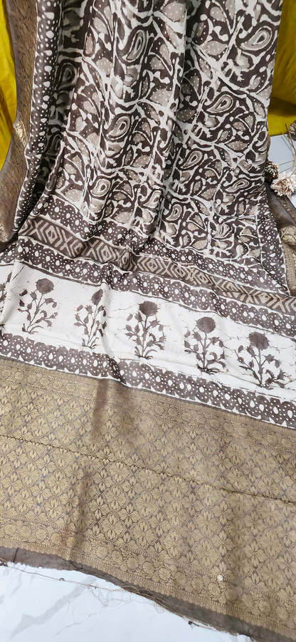 Stunning Yellow Dola Silk Saree with Ajrakh Hand Block Print for Festive Wear