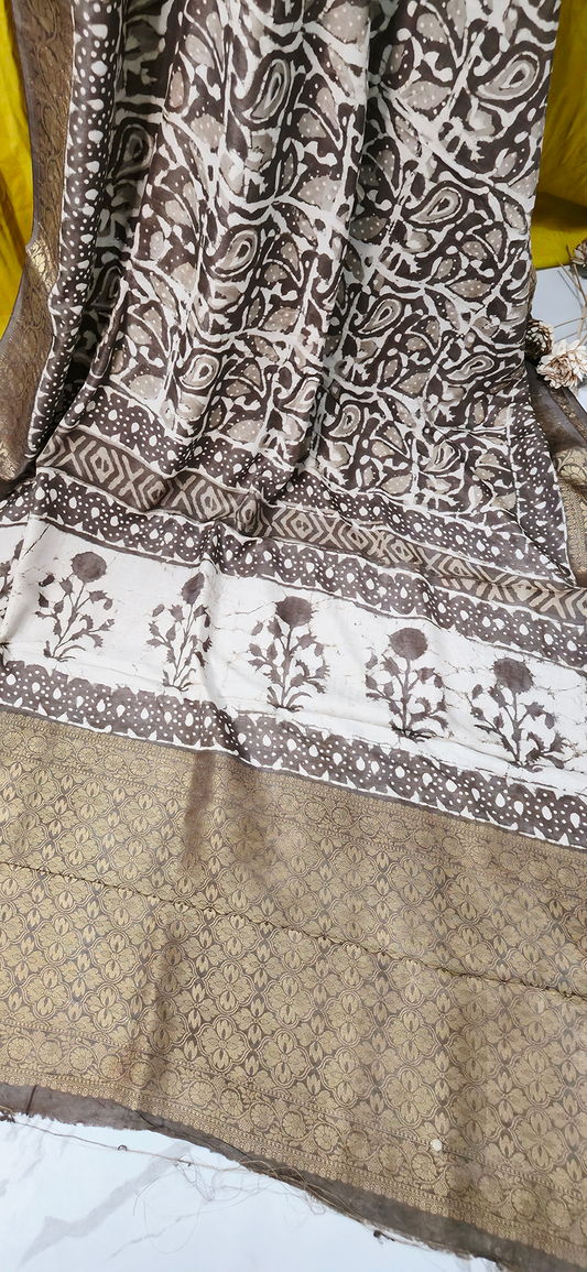 Stunning Yellow Dola Silk Saree with Ajrakh Hand Block Print for Festive Wear