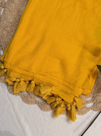 Mustard Yellow Mul Cotton Saree with Tassel Pallu