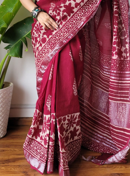 Maroon Cotton Linen Saree with Hand Block Inspired Prints & Statement Pallu