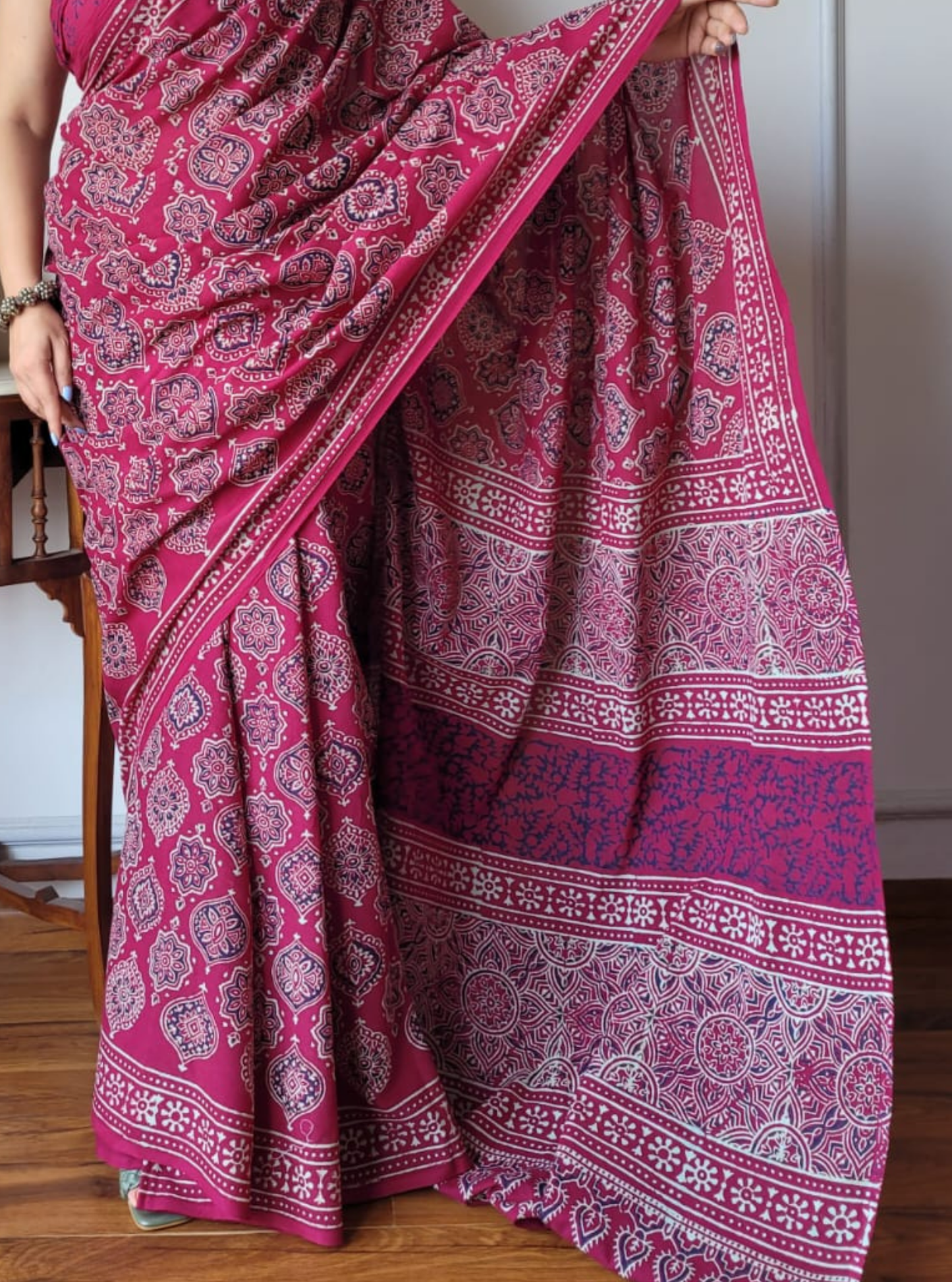 Elegant Pink Cotton Ajrakh Saree with Traditional Handblock Prints