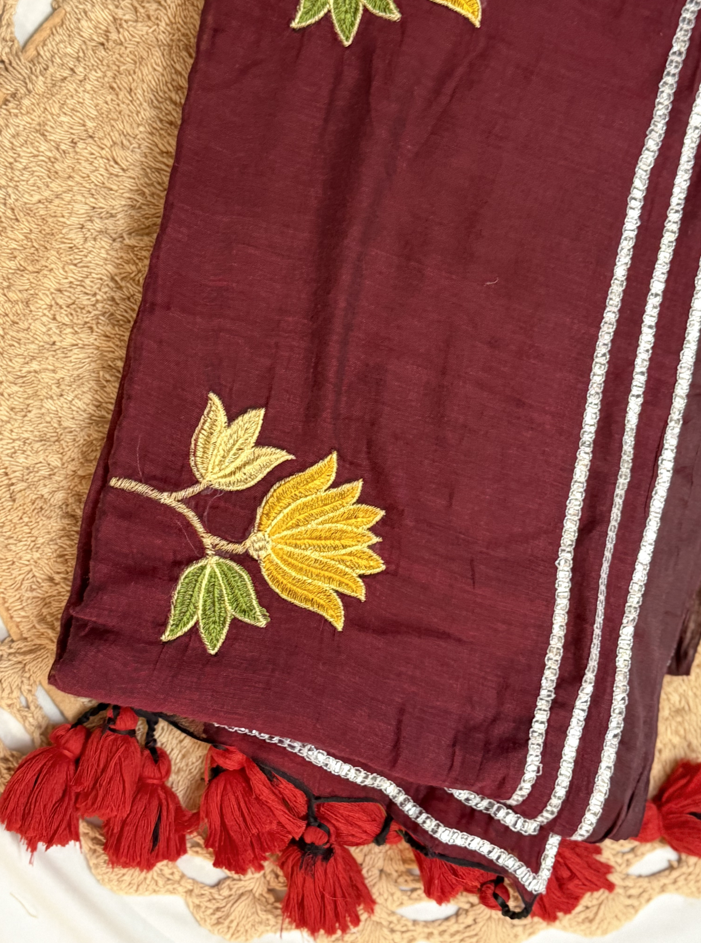 Wine Maroon Mul Cotton Saree with Floral Embroidery & Silver Border