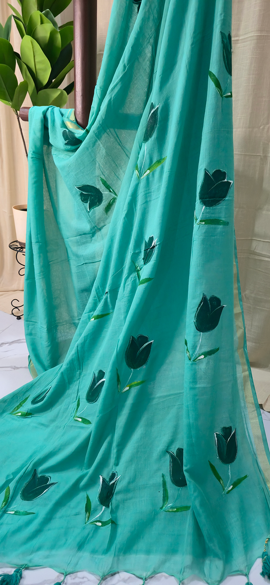 Artistic Blue Mul Cotton Saree with Elegant Hand Painted Detailing for Festive & Daily Wear