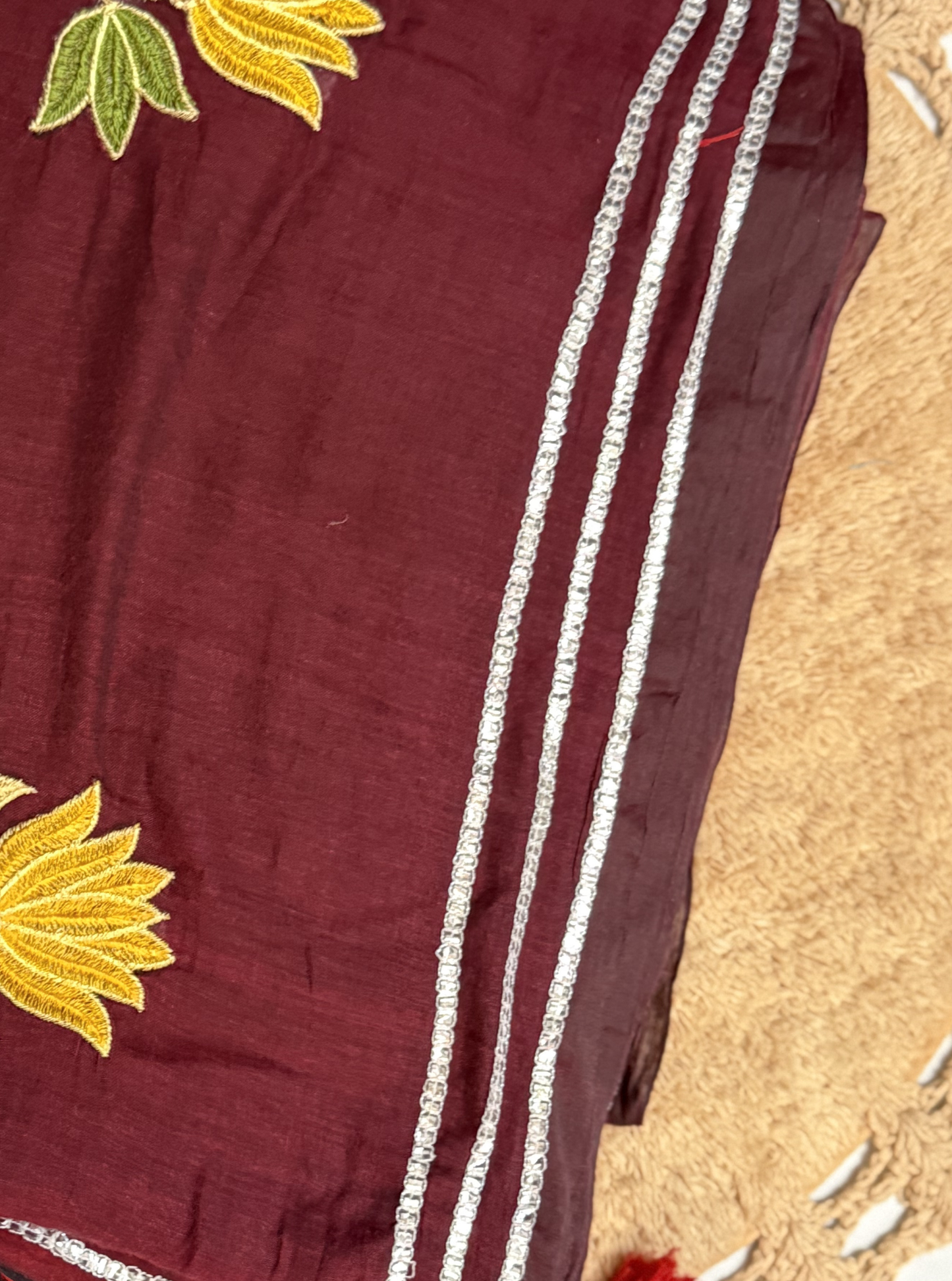Wine Maroon Mul Cotton Saree with Floral Embroidery & Silver Border