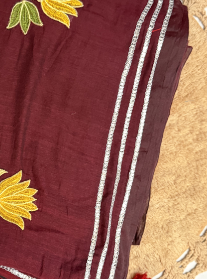 Wine Maroon Mul Cotton Saree with Floral Embroidery & Silver Border