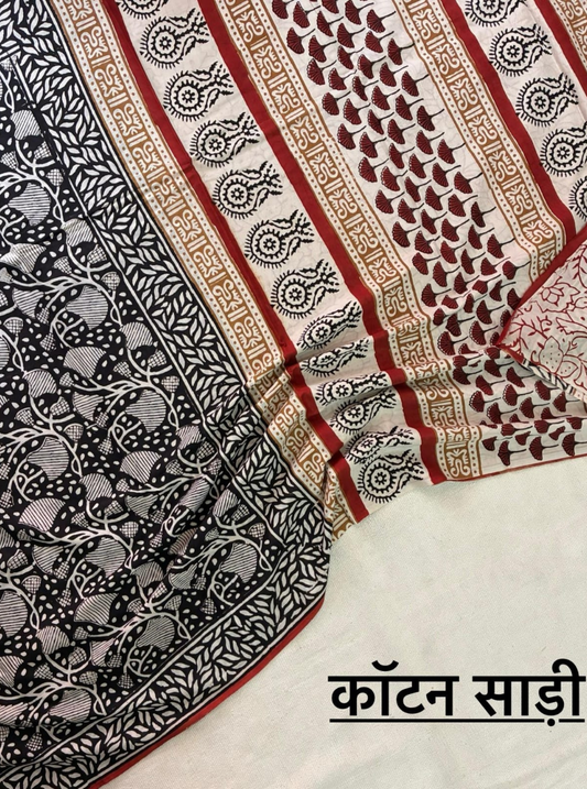 Black & Beige Cotton Saree with Paisley & Floral Border