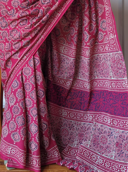 Elegant Pink Cotton Ajrakh Saree with Traditional Handblock Prints