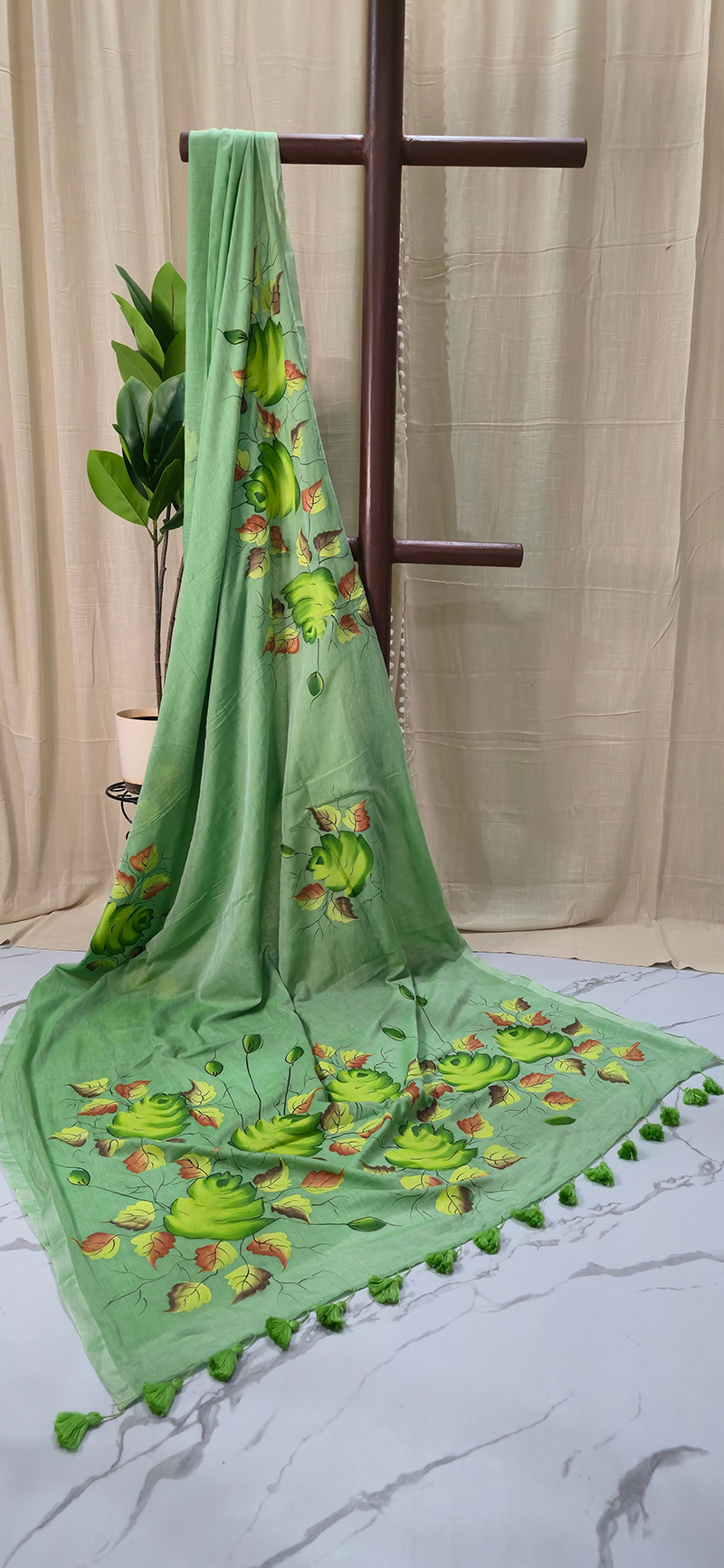 Graceful Green Mul Cotton Saree with Artistic Hand Painted Work for Festive & Daily Wear