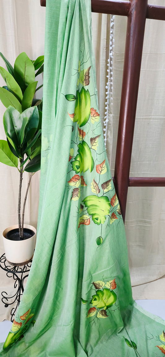Graceful Green Mul Cotton Saree with Artistic Hand Painted Work for Festive & Daily Wear