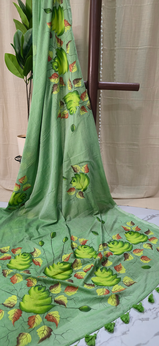 Graceful Green Mul Cotton Saree with Artistic Hand Painted Work for Festive & Daily Wear