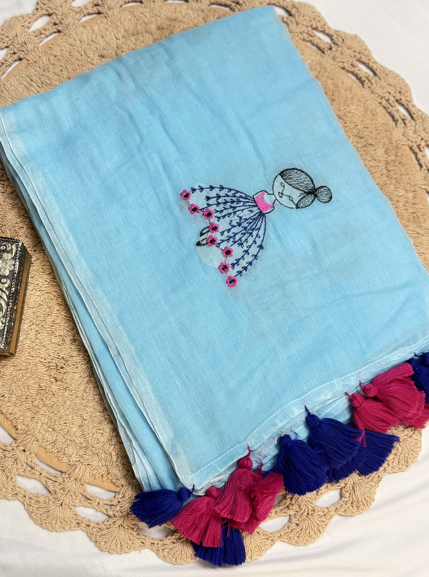 Sky Blue Mul Cotton Saree with Hand Embroidered Motif & Contrast Tassels