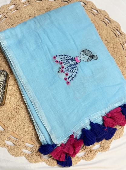 Sky Blue Mul Cotton Saree with Hand Embroidered Motif & Contrast Tassels