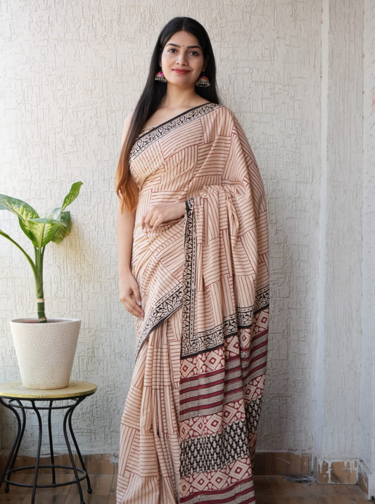 Elegant Beige Cotton Saree with Stripes & Traditional Printed Pallu