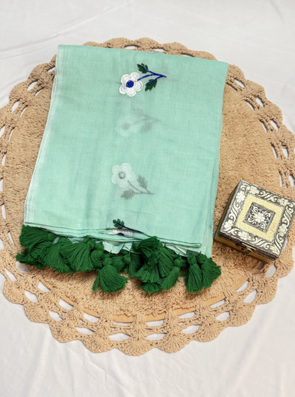 Mint Green Mul Cotton Saree with Delicate Floral Motifs & Tassels