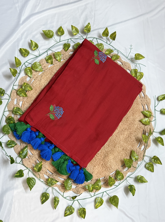Classic Red Embroidery Mul Cotton Saree with Contrast Tassel Pallu