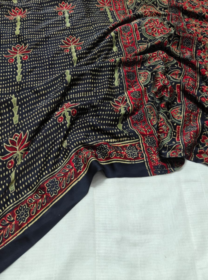 Midnight Blue Pure Modal Silk Saree with Ajrakh Lotus Motifs