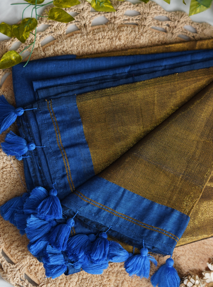 Royal Blue Mul Cotton Saree with Rich Gold Pallu & Tassels