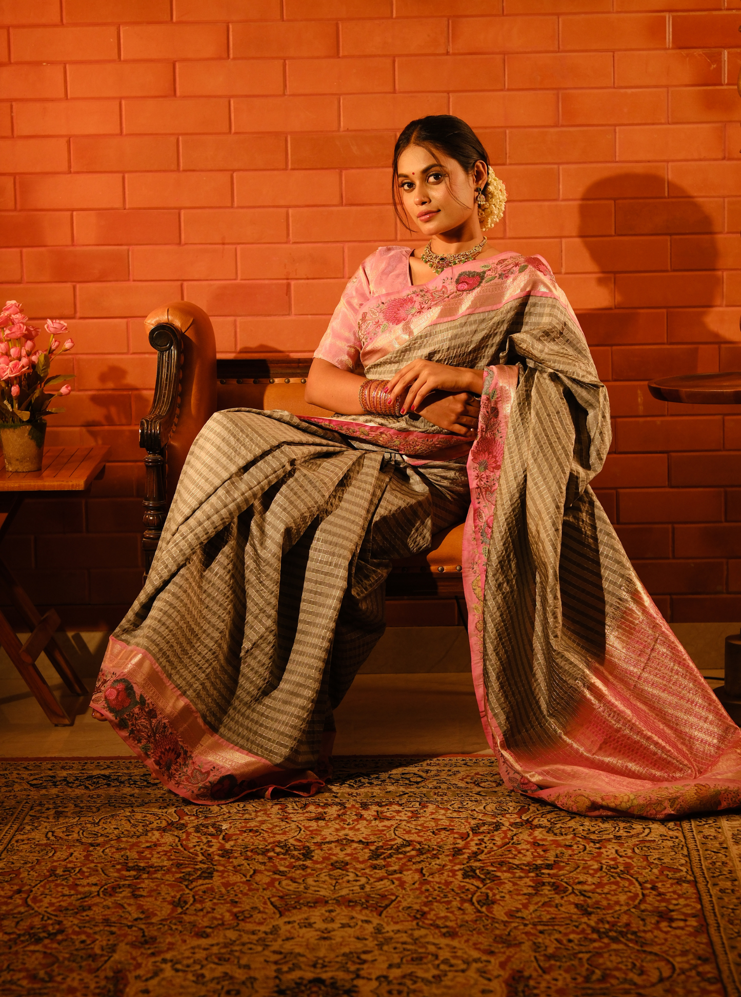 Elegant Grey Designer Silk Saree with Pink Embroidered Border