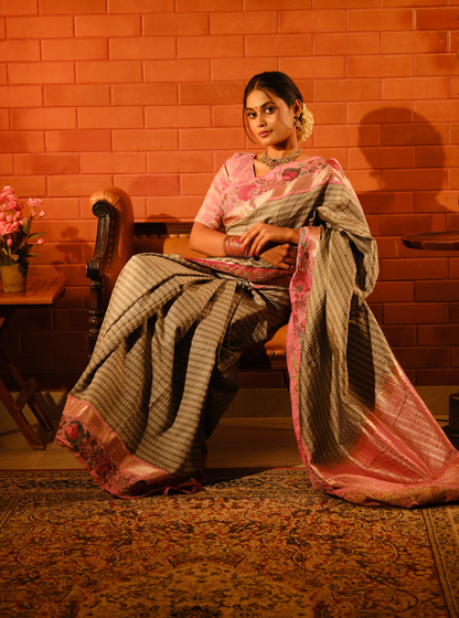 Elegant Grey Designer Silk Saree with Pink Embroidered Border