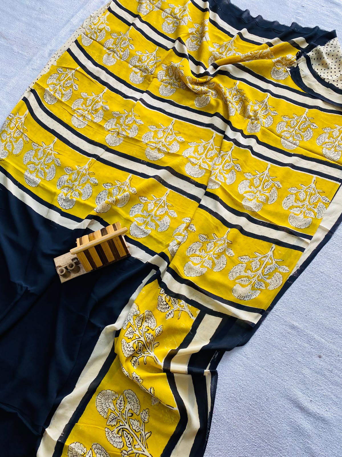Mustard Yellow & Midnight Blue Ajrakh Hand Block Printed Georgette Saree