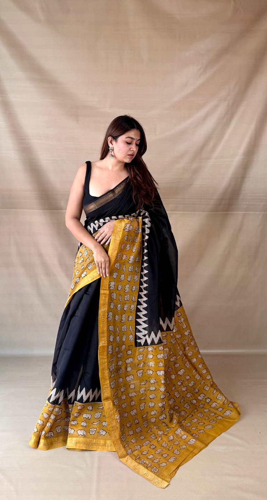 Black Maheshwari Silk Ajrakh Saree – Mustard Pallu & Zigzag Border