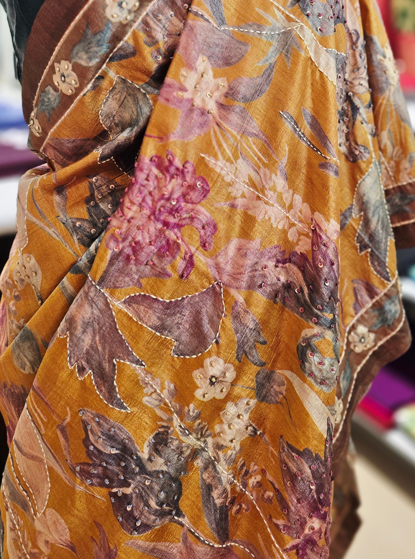 Elegant Mustard Tussar Silk Saree with Floral Embroidery