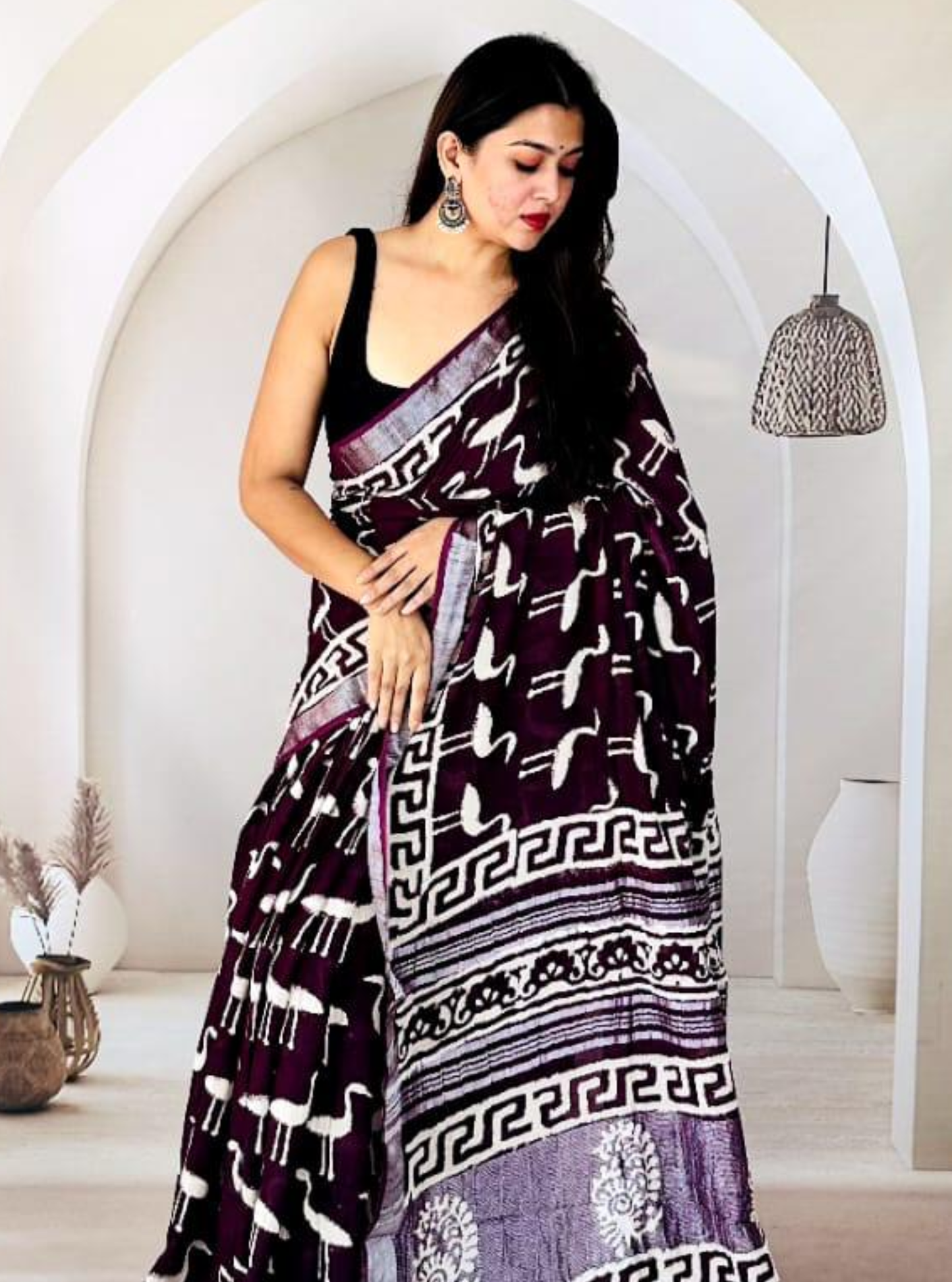 Deep Wine Hand-Printed Linen Cotton Saree with Tribal Motifs