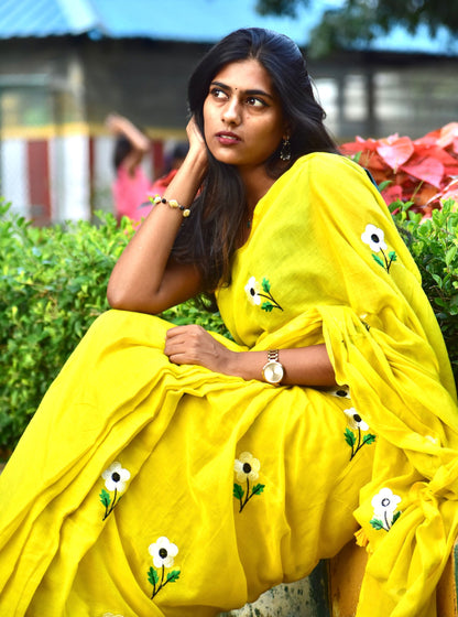 Sunshine Yellow Mul Cotton Saree with Delicate Floral Embroidery