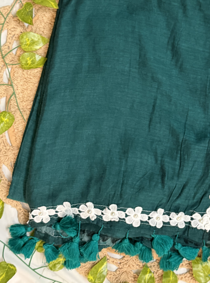 Emerald Green Mul Cotton Saree with White Floral Lace Border
