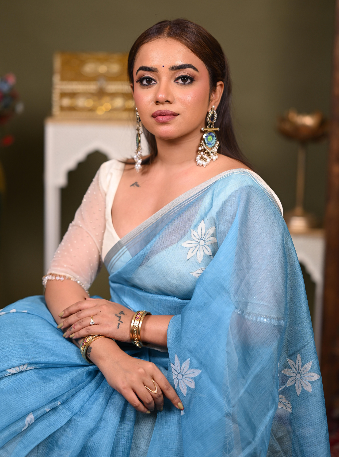 Sky Blue Kota Applique Cutwork Saree with Floral Detailing