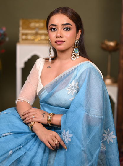 Sky Blue Kota Applique Cutwork Saree with Floral Detailing