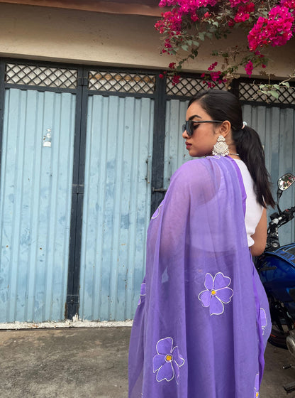 Lavender Mul Cotton Saree with Minimal Floral Handwork
