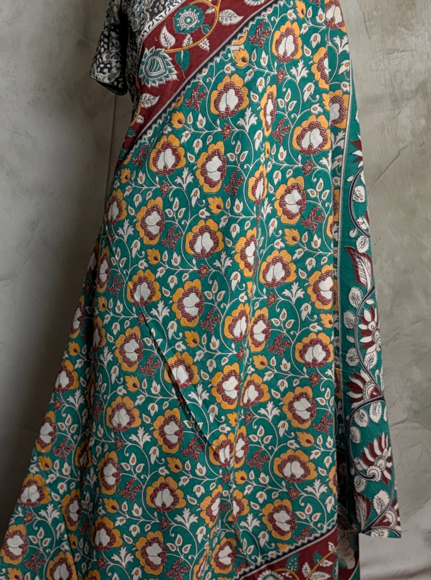 Teal Green kalamkari Cotton Saree with Floral Buti Print & Maroon Ethnic Border