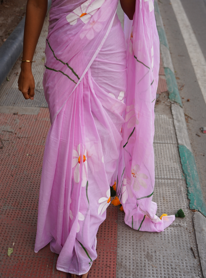 Pastel Pink Hand-Painted Mul Cotton Saree with Floral Art