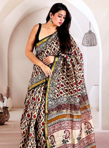Ivory Maheshwari Silk Saree with Kalamkari-Inspired Motifs