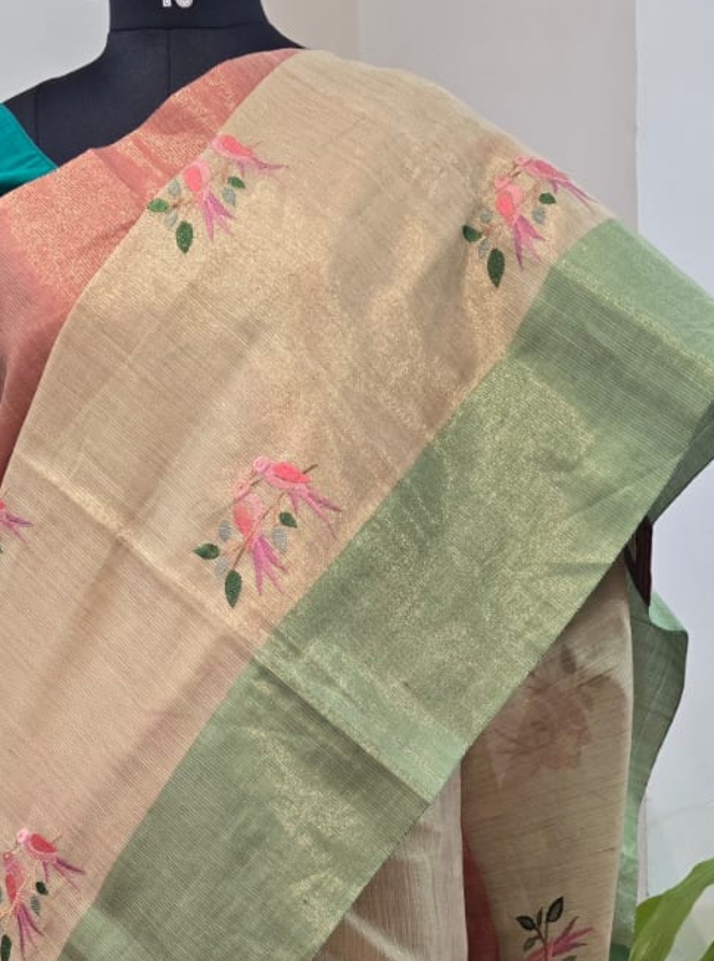 Beige Tissue Saree with Floral Embroidery & Dual-Tone Border
