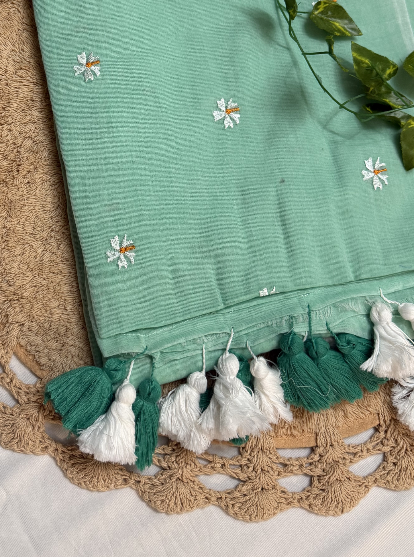 Mint Green Mul Cotton Saree with Floral Butti & Dual-Tone Tassels