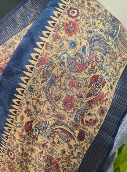 Royal Blue Tussar Silk Saree with Kalamkari-Inspired Border & Rich Pallu