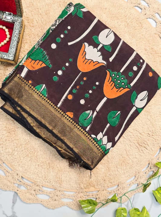 Chocolate Brown Kalamkari Mangalagiri Silk Saree with Hand-Printed Floral Motifs & Zari Border