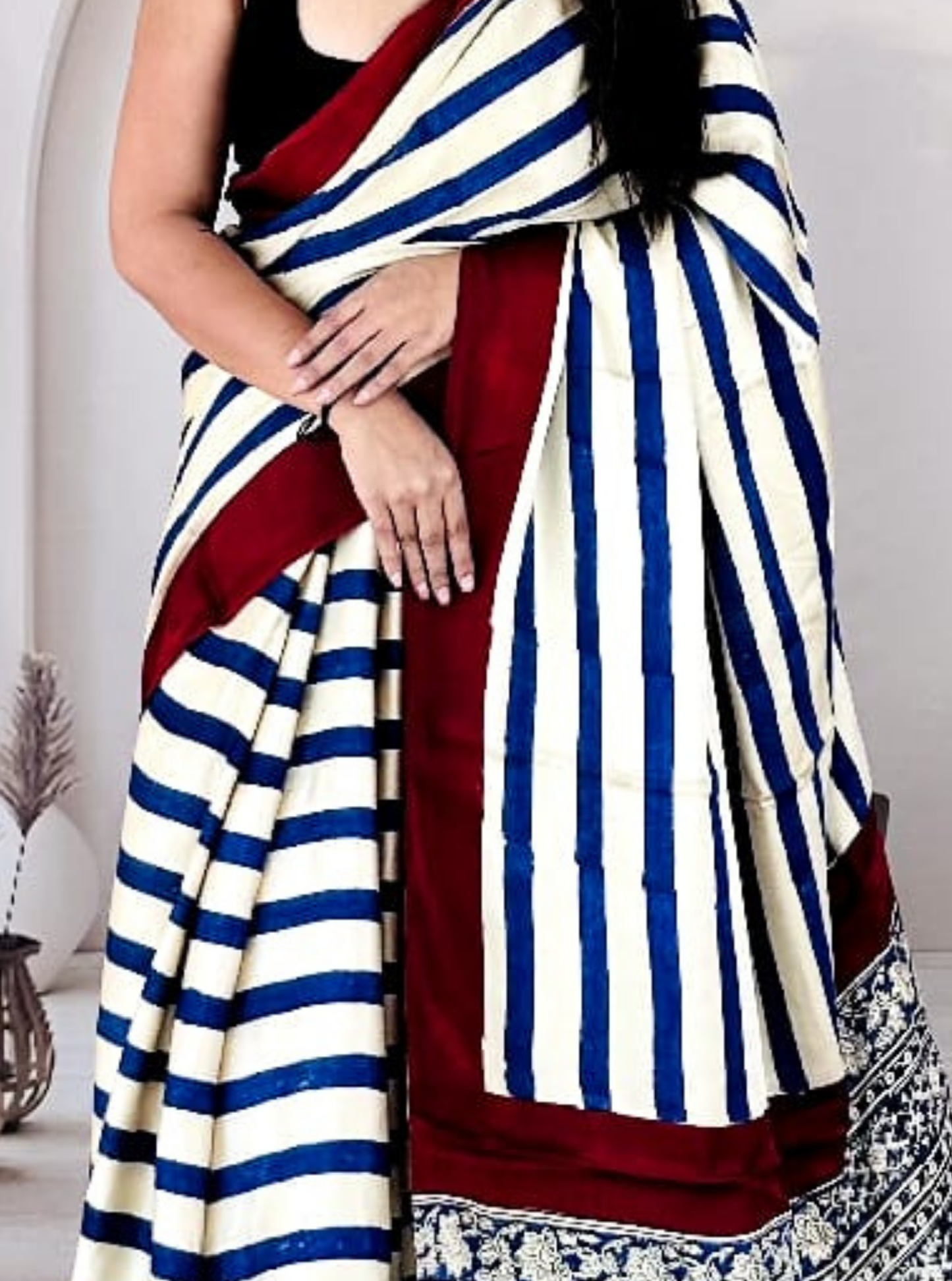 Cream & Blue Modal Silk Saree with Stripes & Ajrakh-Inspired Pallu