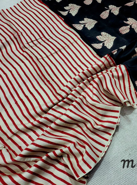 Ivory & Red Striped Modal Silk Ajrakh Saree with Leaf Motifs – Naturally Dyed Handcrafted Beauty